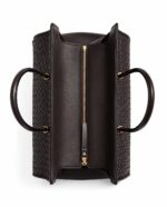 Top view of the York & Cali woven leather tote bag showing the interior zip pocket and gold zipper