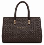 York & Cali woven leather tote bag in chocolate brown, front view with gold hardware and logo