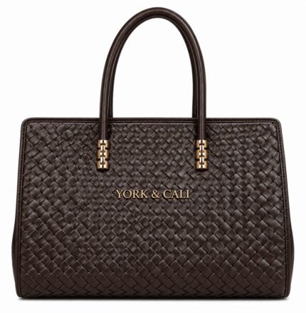 York & Cali woven leather tote bag in chocolate brown, front view with gold hardware and logo