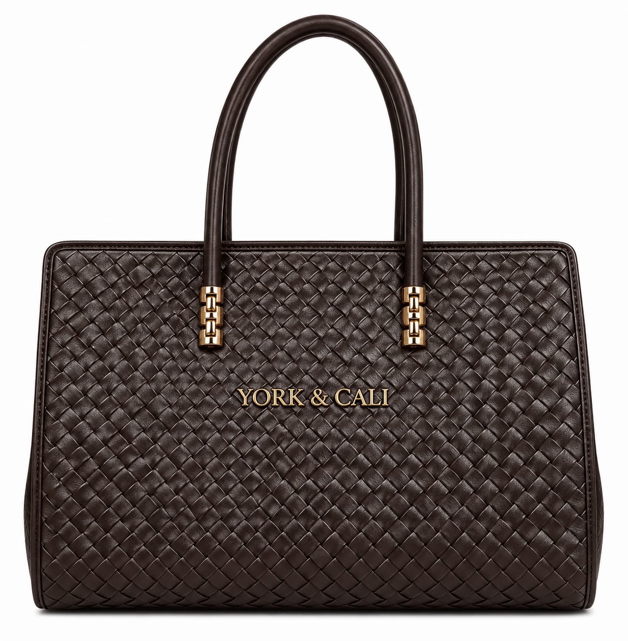 image York & Cali woven leather tote bag in chocolate brown, front view with gold hardware and logo