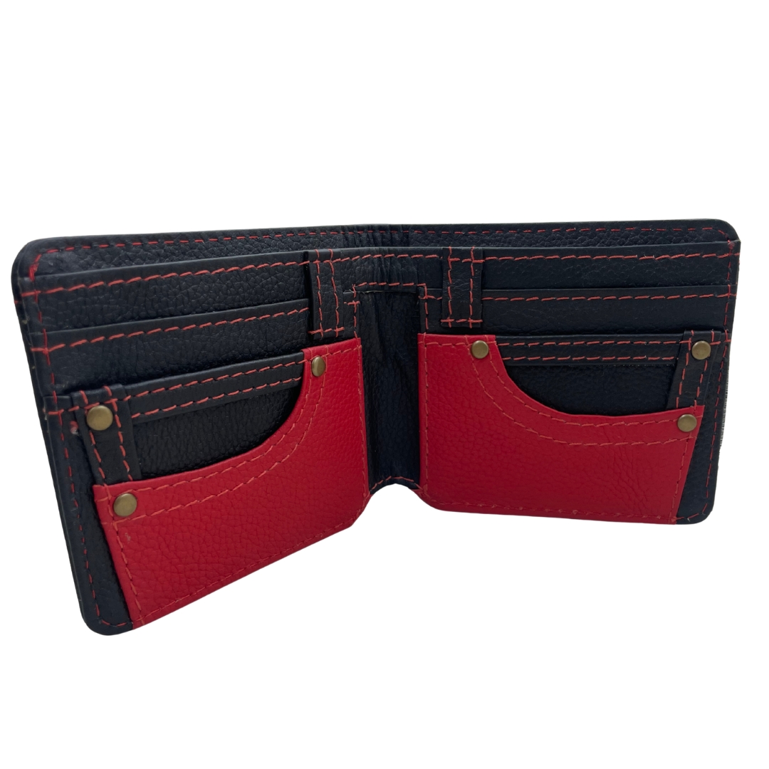 Men's Wallet Genuine Leather Black & Red | Denim Pocket Design Men's Wallet